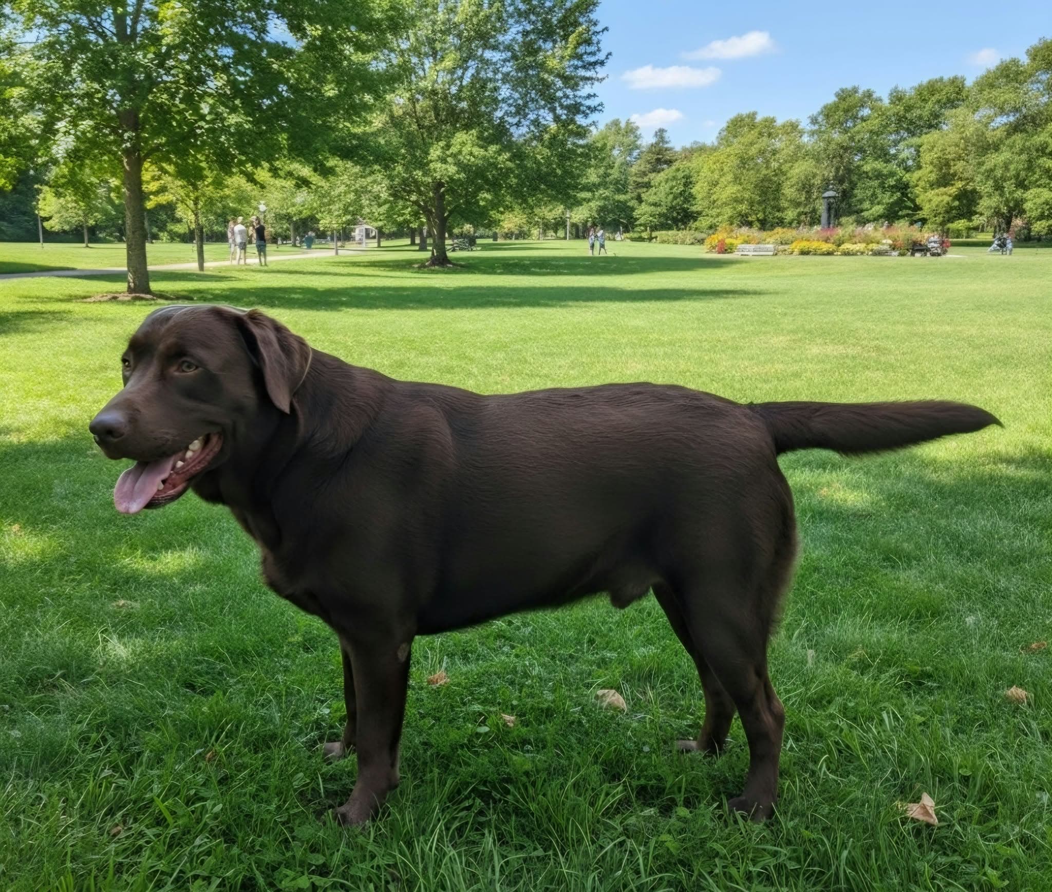 A chocolate Labrador standing in a sunny park with his tongue out.