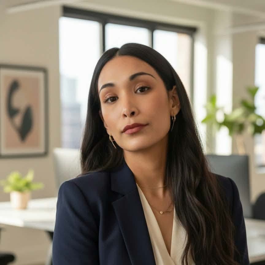 Nisa Young in a navy blazer, seated in a bright office.